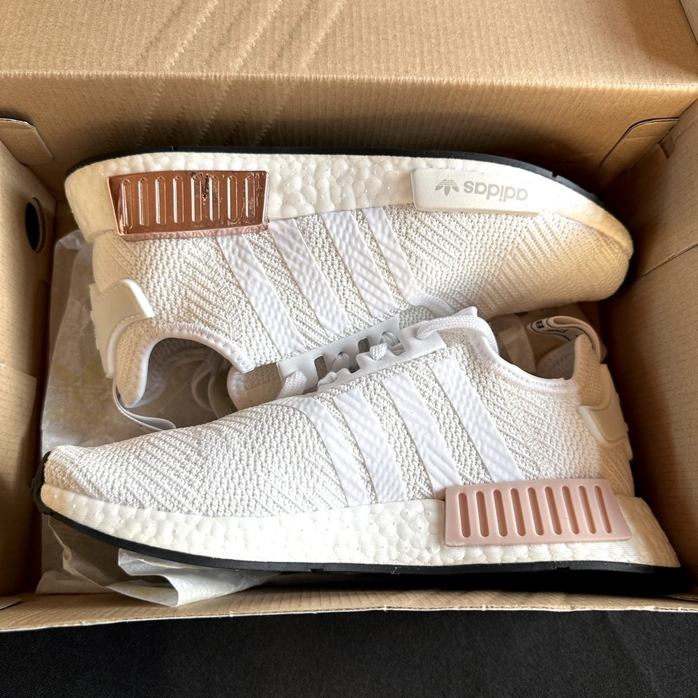 Brand New Women’s Adidas original NMD R1 shoes white and rose gold. Size 7.5